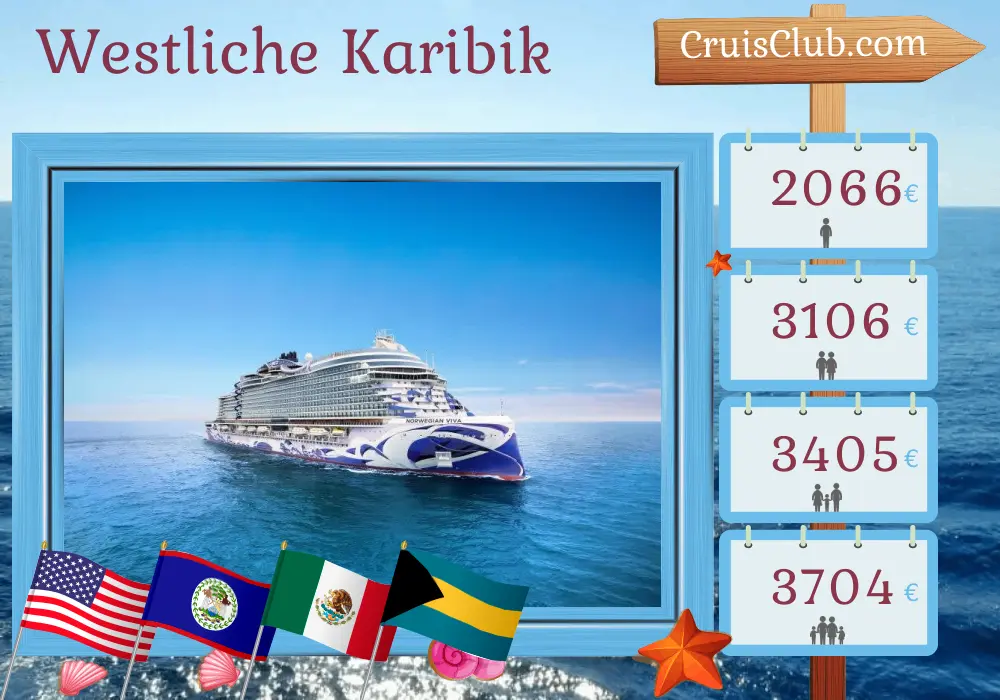 Kreuzfahrt in der westlichen Karibik ab Miami an Bord des Schiffes Norwegian Viva mit Stopps in den USA, Honduras, Belize, Mexiko und den Bahamas für 8 Tage