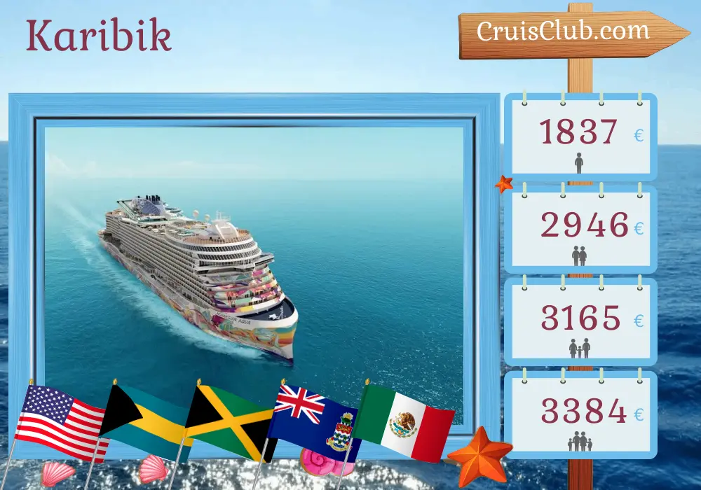 Kreuzfahrt in der Karibik ab Port Canaveral / Orlando an Bord des norwegischen Aqua-Schiffs mit Besuchen in den USA, den Bahamas, Jamaika, den Cayman Islands und Mexiko für 8 Tage
