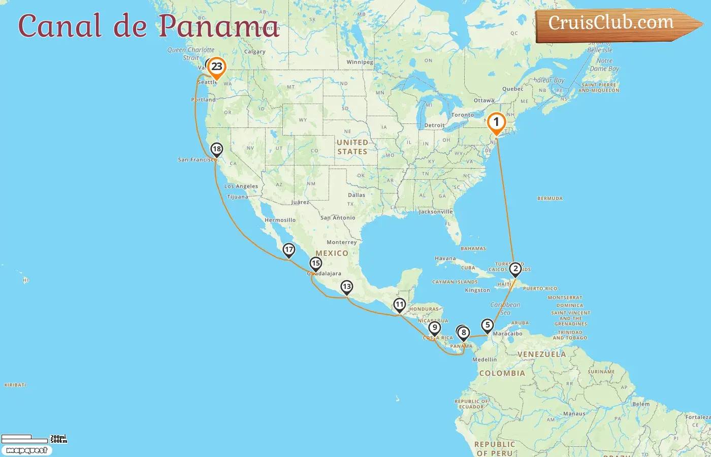Croisière dans le canal de Panama de New York à Seattle à bord du navire Norwegian Bliss avec des visites aux États-Unis, en République dominicaine, en Colombie, au Panama, au Costa Rica, au Guatemala, au Mexique et au Canada pendant 23 jours
