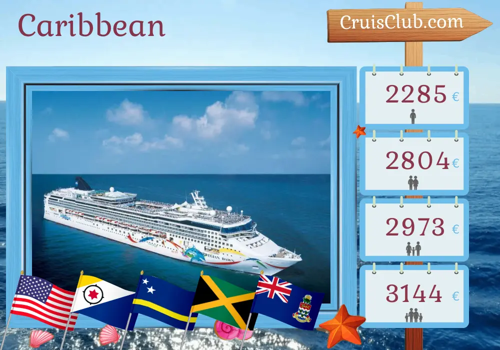 Cruise in the Caribbean from Tampa aboard Norwegian Dawn ship with visits to USA, Dominican Republic, Curaçao, Jamaica, and Cayman Islands for 11 days