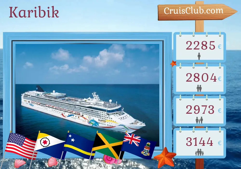 Kreuzfahrt in der Karibik ab Tampa an Bord des Schiffes Norwegian Dawn mit Besuchen in den USA, der Dominikanischen Republik, Curaçao, Jamaika und den Kaimaninseln für 11 Tage