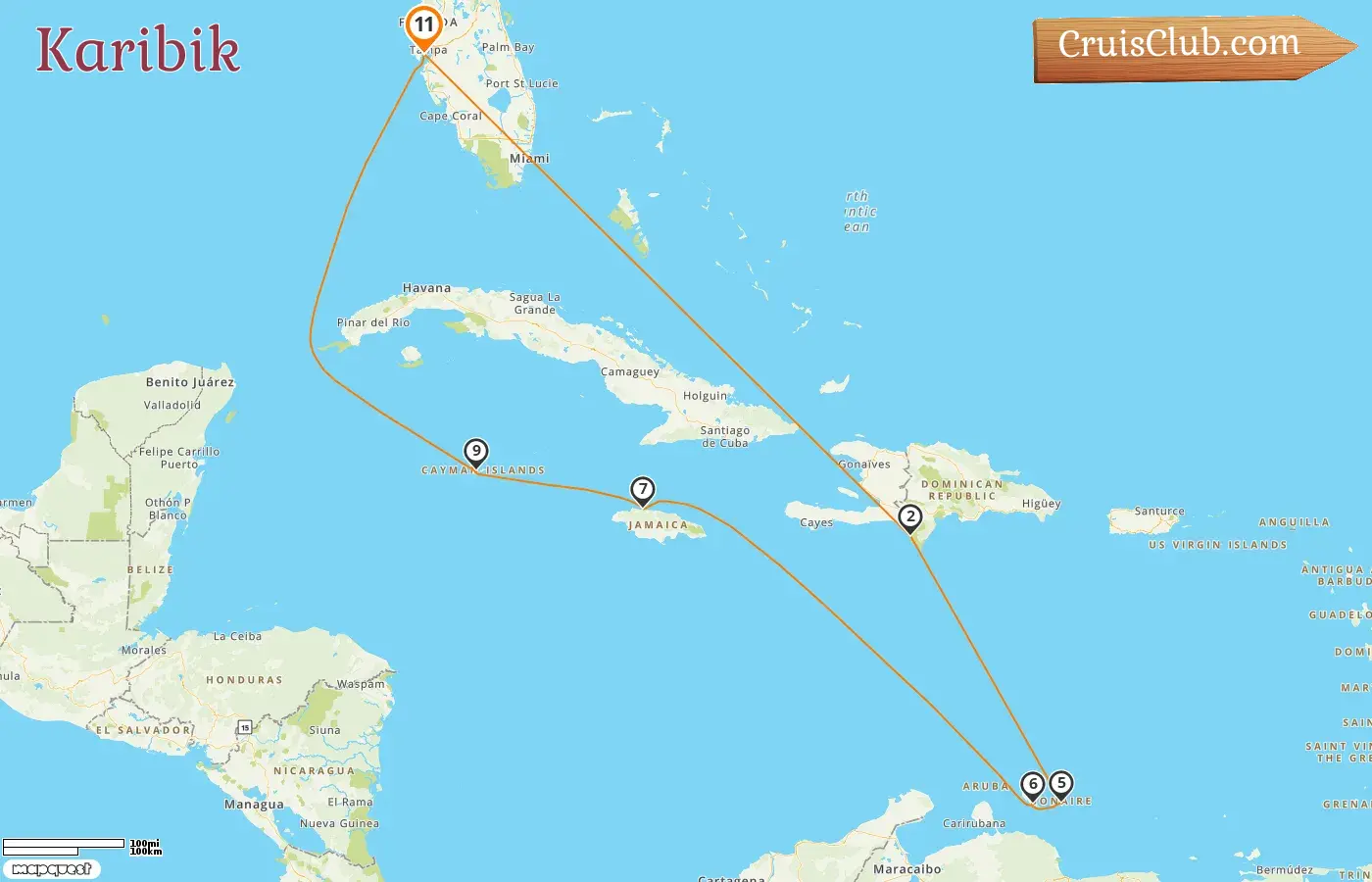 Kreuzfahrt in der Karibik ab Tampa an Bord des Schiffes Norwegian Dawn mit Besuchen in den USA, der Dominikanischen Republik, Curaçao, Jamaika und den Kaimaninseln für 11 Tage
