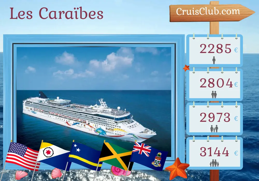 Croisière dans les Caraïbes depuis Tampa à bord du navire Norwegian Dawn avec des arrêts aux États-Unis, en République dominicaine, à Curaçao, en Jamaïque et aux îles Caïmans pendant 11 jours