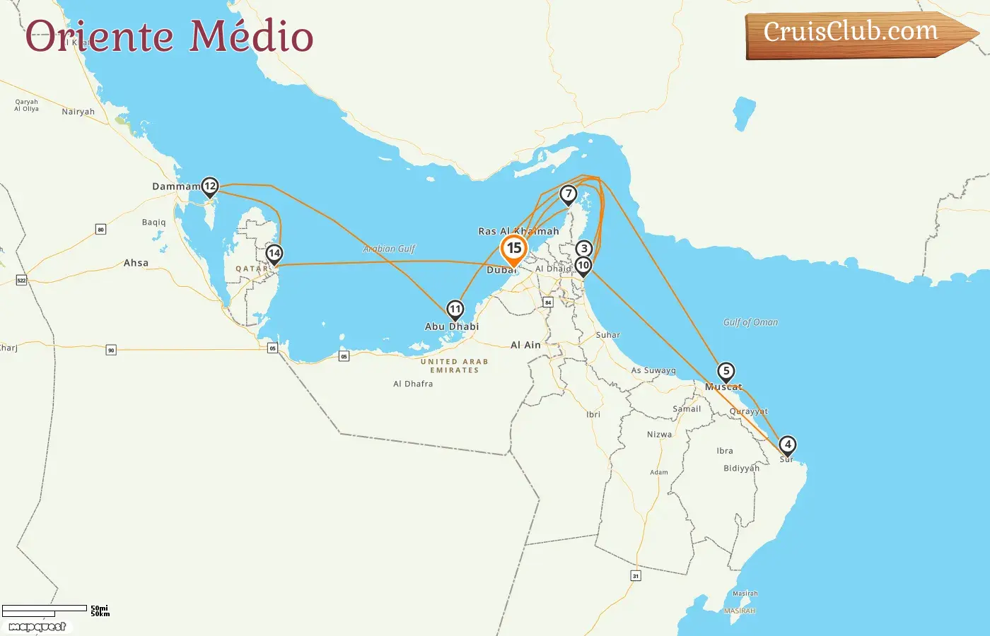 Cruzeiro no Oriente Médio a partir de Dubai a bordo do navio EXPLORA II com visitas aos Emirados Árabes Unidos, Omã, Bahrein e Catar por 15 dias