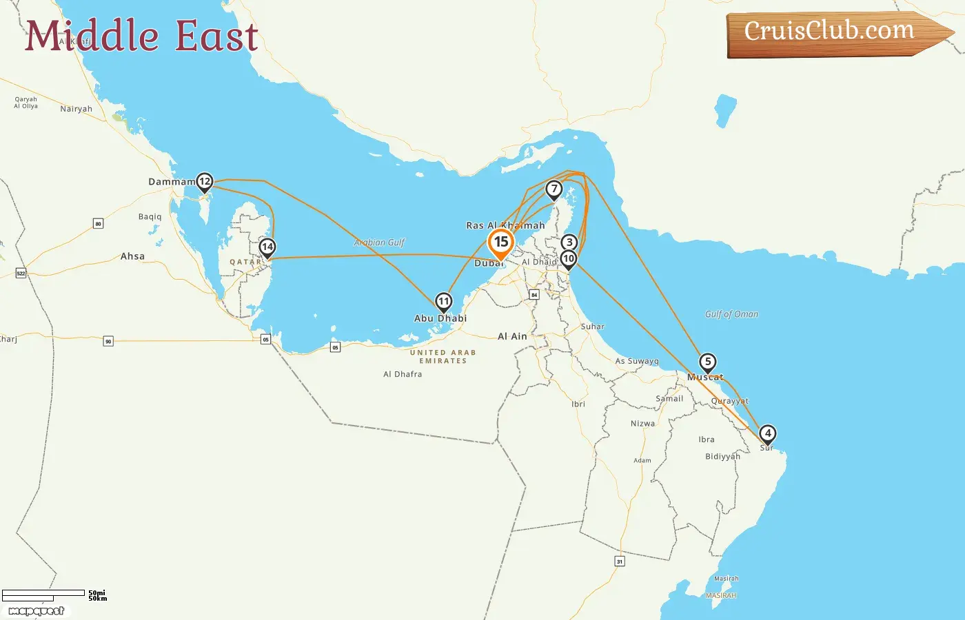 Kreuzfahrt im Mittleren Osten ab Dubai an Bord des Schiffes EXPLORA II mit Besuchen der Vereinigten Arabischen Emirate, Omans, Bahrains und Katars für 15 Tage