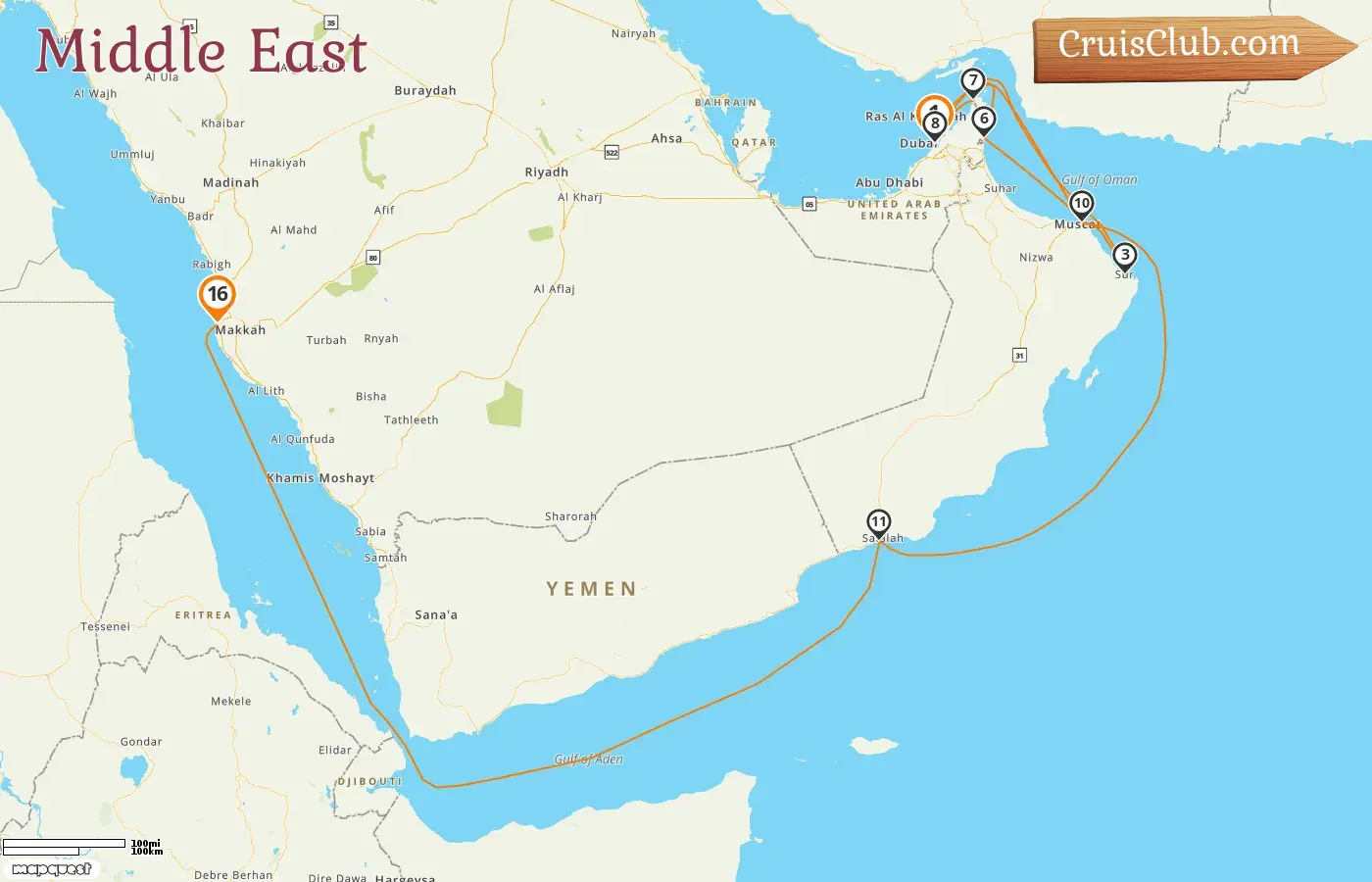 Cruise in the Middle East from Dubai to Jeddah aboard EXPLORA II ship with visits to United Arab Emirates, Oman, and Saudi Arabia for 16 days