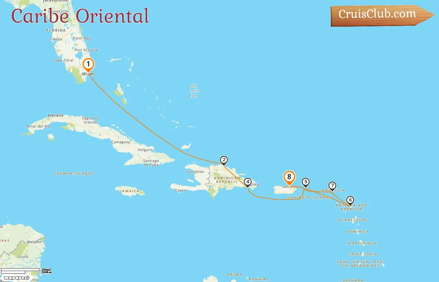 Crucero por el Caribe Oriental desde Miami a Saint John a bordo del barco EXPLORA II con visitas a EE. UU., República Dominicana, San Martín y Puerto Rico durante 8 días