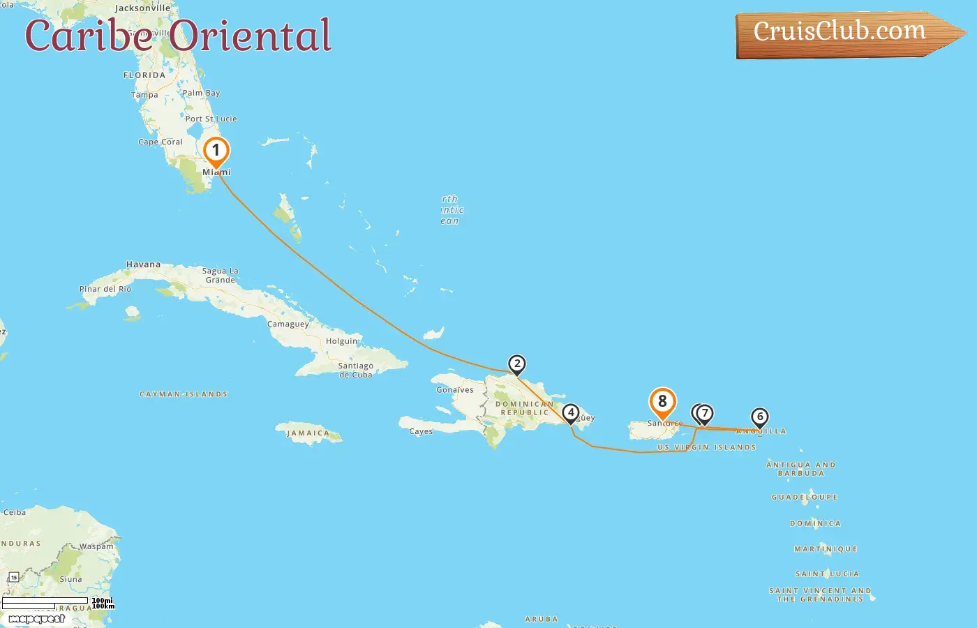 Crucero por el Caribe Oriental desde Miami a Saint John a bordo del barco EXPLORA II con visitas a EE. UU., República Dominicana y Puerto Rico durante 8 días