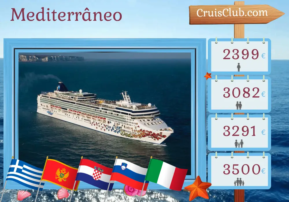 Cruzeiro no Mediterrâneo de Pireu para Ravenna a bordo do navio Norwegian Gem com visitas à Grécia, Montenegro, Croácia, Eslovênia e Itália por 8 dias