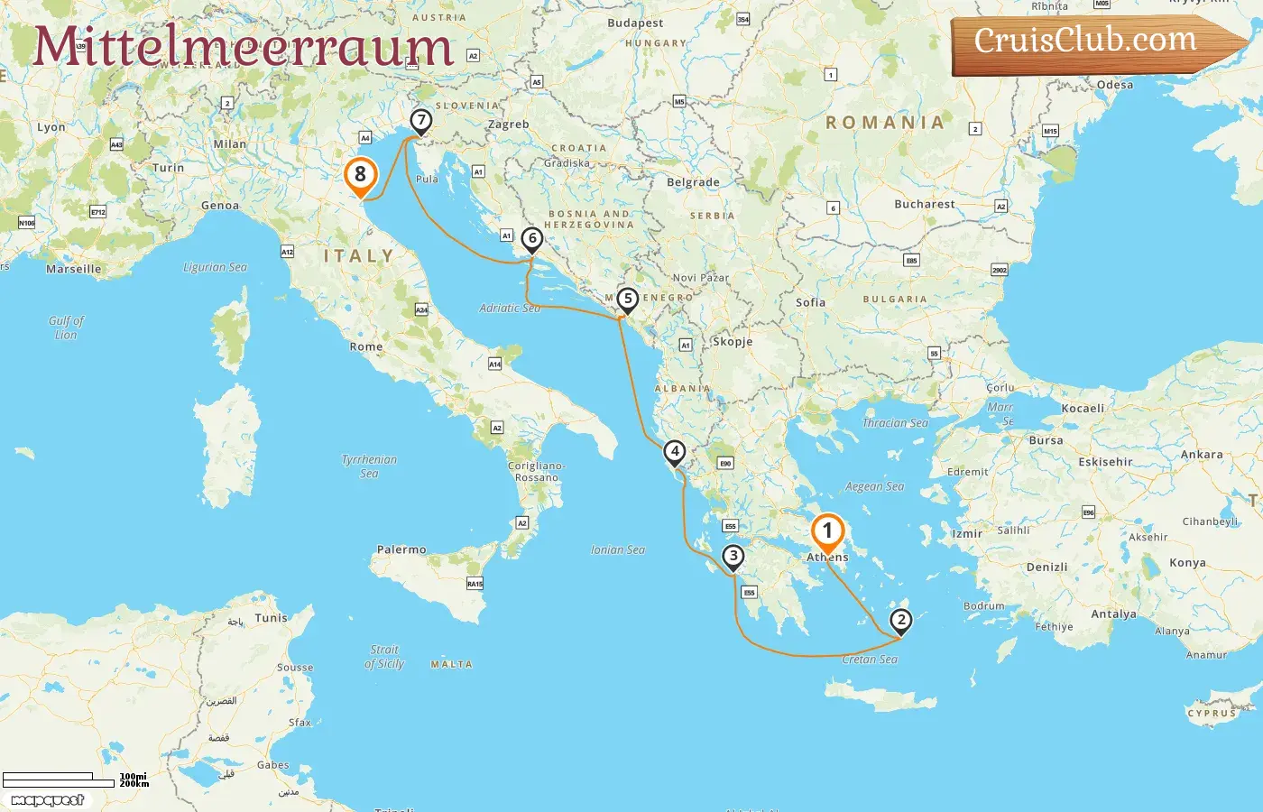 Kreuzfahrt im Mittelmeer von Piräus nach Ravenna an Bord des Schiffes Norwegian Gem mit Stopps in Griechenland, Montenegro, Kroatien, Slowenien und Italien für 8 Tage