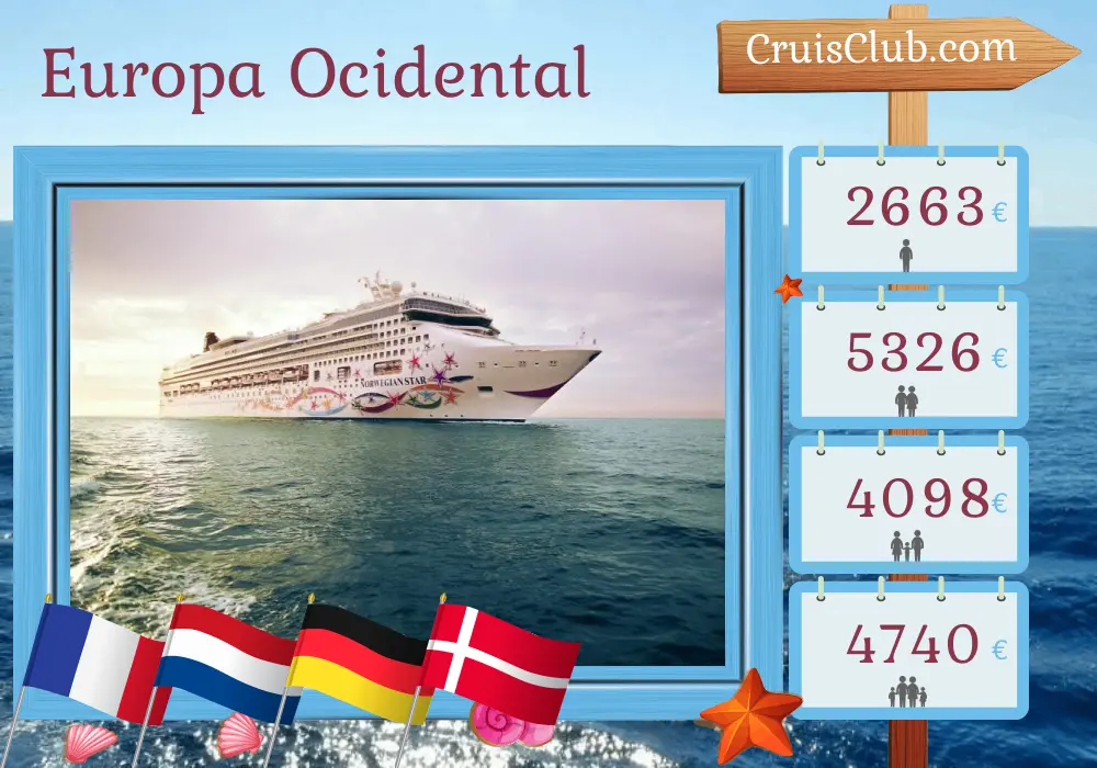 Cruzeiro na Europa Ocidental de Southampton a Copenhague a bordo do navio Norwegian Star com visitas à França, Países Baixos, Alemanha e Dinamarca por 8 dias