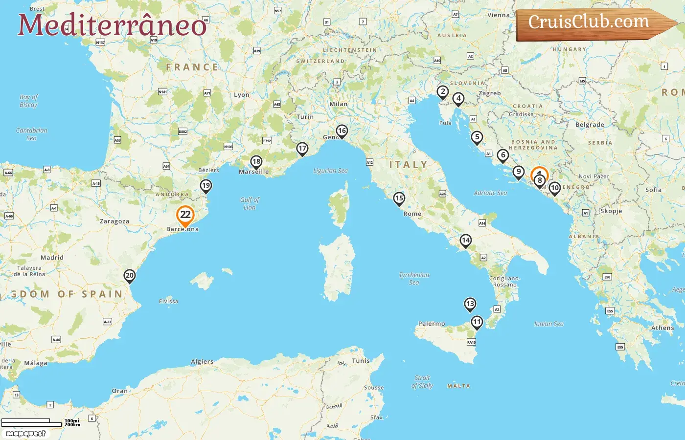 Cruzeiro no Mediterrâneo de Dubrovnik a Barcelona a bordo do navio Seabourn Ovation com visitas à Croácia, Eslovênia, Montenegro, Itália, Mônaco, França e Espanha por 22 dias
