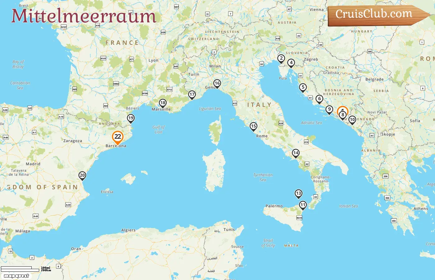Kreuzfahrt im Mittelmeer von Dubrovnik nach Barcelona an Bord des Schiffes Seabourn Ovation mit Besuchen in Kroatien, Slowenien, Montenegro, Italien, Monaco, Frankreich und Spanien für 22 Tage