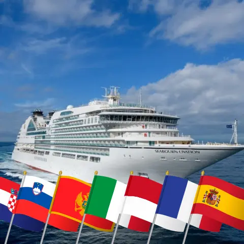 Cruzeiro no Mediterrâneo de Dubrovnik a Barcelona a bordo do navio Seabourn Ovation com visitas à Croácia, Eslovênia, Montenegro, Itália, Mônaco, França e Espanha por 22 dias