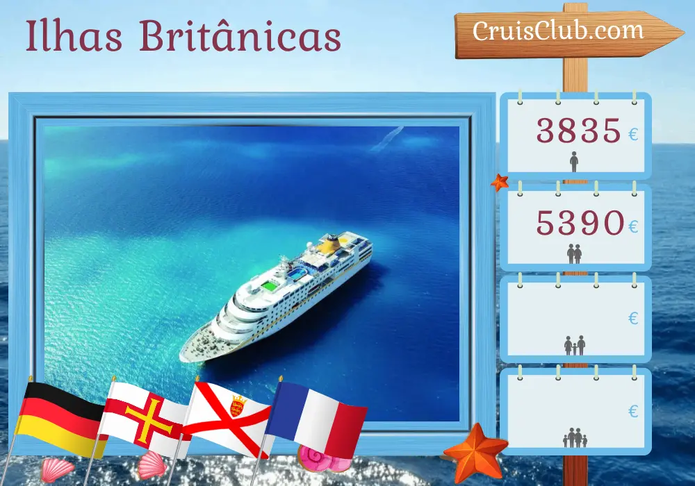 Cruzeiro nas Ilhas Britânicas de Hamburgo a bordo do navio MS Hamburg com visitas à Alemanha, Guernsey, Jersey e França por 12 dias