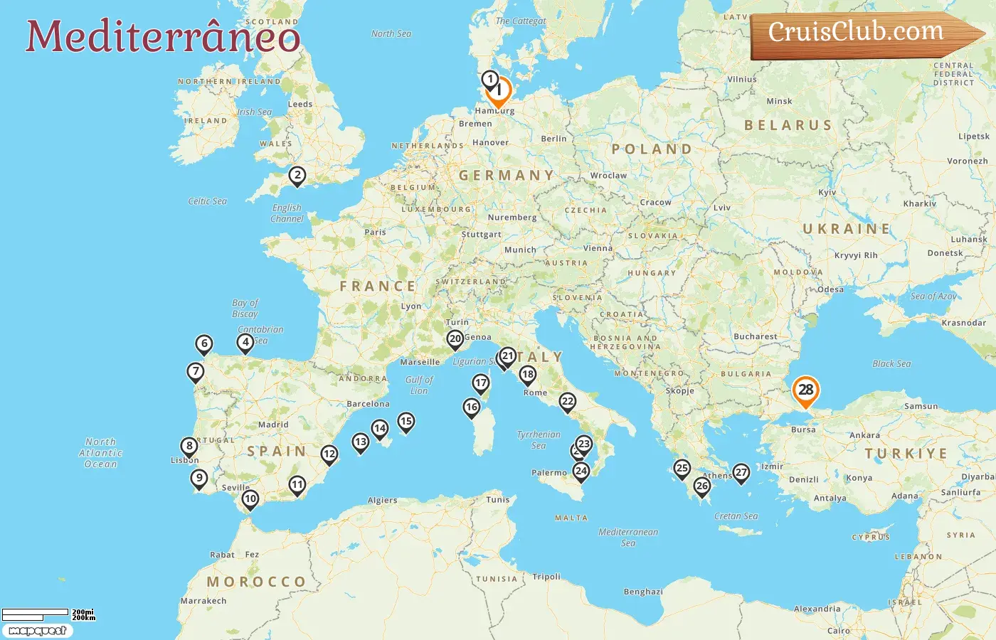 Cruzeiro no Mediterrâneo de Hamburgo a Istambul a bordo do navio MS Hamburg com visitas à Alemanha, Espanha, Portugal, Gibraltar, Itália, França, Grécia e Turquia por 29 dias