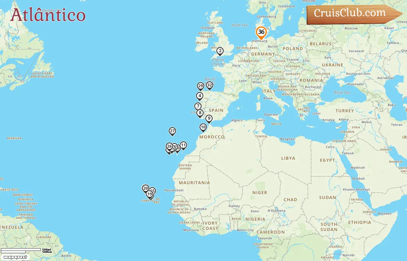 Cruzeiro no Atlântico partindo de Hamburgo a bordo do navio MS Hamburg com visitas à Alemanha, Portugal, Marrocos e Espanha por 36 dias