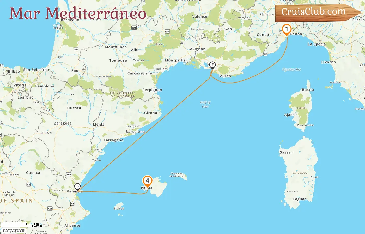 Crucero por el Mediterráneo de Savona a Palma a bordo del barco Costa Pacifica con visitas a Italia, Francia y España durante 4 días