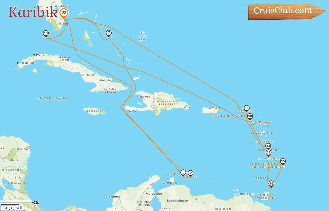 Kreuzfahrt in der Karibik ab Fort Lauderdale an Bord des Schiffes Nieuw Amsterdam mit Besuchen in den USA, Curaçao, den Bahamas, Martinique, Barbados und Trinidad und Tobago für 22 Tage