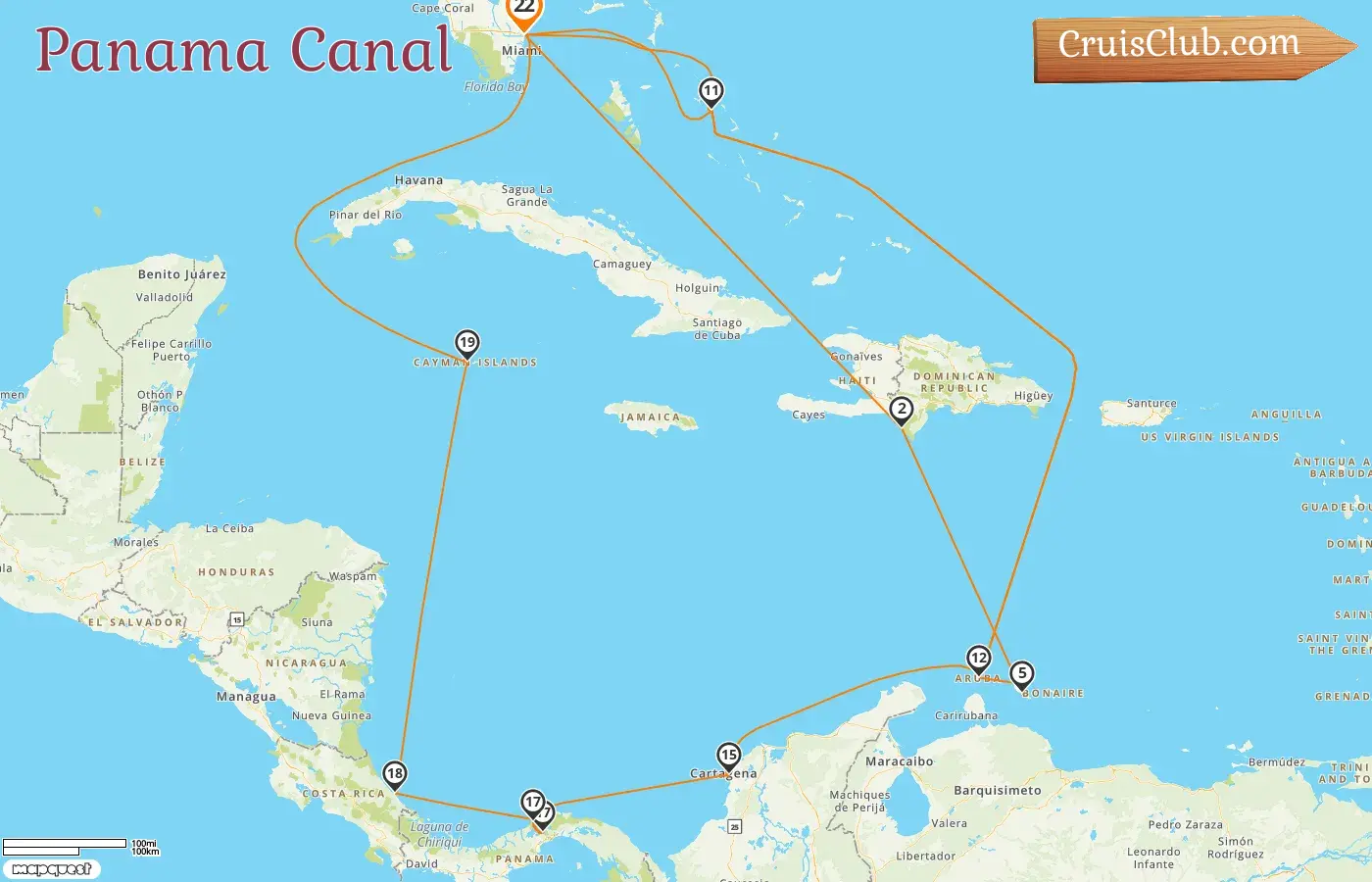 Cruise in the Panama Canal from Fort Lauderdale aboard Nieuw Amsterdam ship with visits to USA, Dominican Republic, Curaçao, Aruba, Bahamas, Colombia, Panama, Costa Rica, and Cayman Islands for 22 days