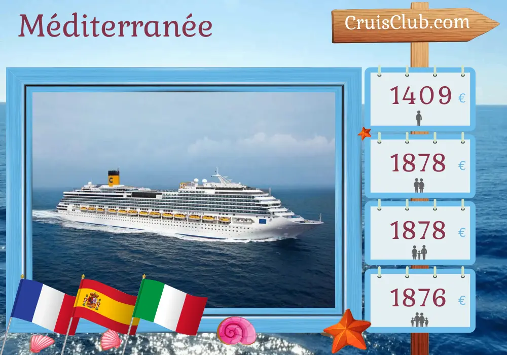 Croisière en Méditerranée depuis La Seyne-sur-Mer à bord du navire Costa Pacifica avec escales en France, en Espagne et en Italie pendant 8 jours