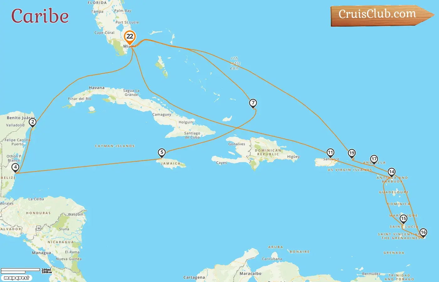 Cruzeiro no Caribe partindo de Miami a bordo do navio Queen Elizabeth com paragens nos EUA, México, Belize, Jamaica, Porto Rico e Barbados por 22 dias