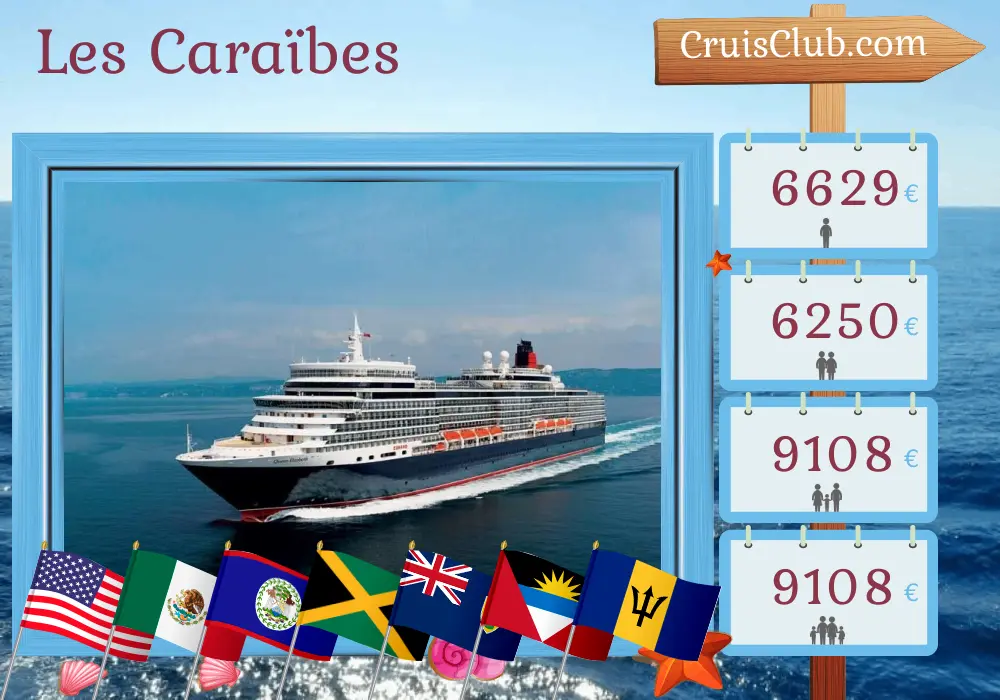 Croisière dans les Caraïbes au départ de Miami à bord du Queen Elizabeth avec des arrêts aux États-Unis, au Mexique, au Belize, en Jamaïque, à Porto Rico et à la Barbade pendant 22 jours