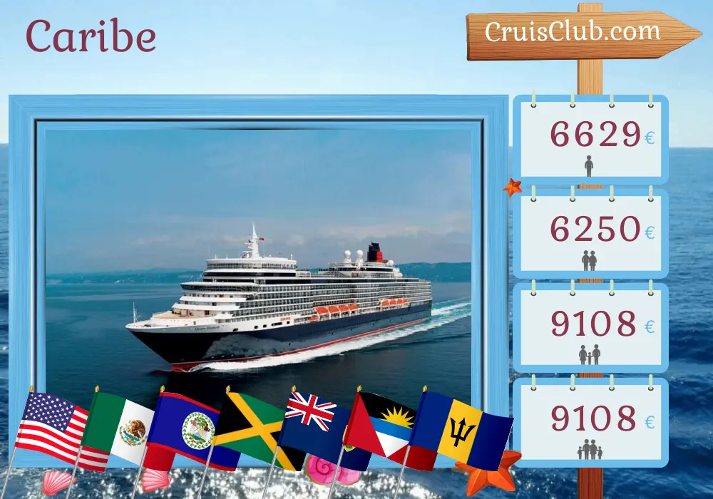 Crucero por el Caribe desde Miami a bordo del Queen Elizabeth con visitas a EE. UU., México, Belice, Jamaica, Puerto Rico y Barbados durante 22 días