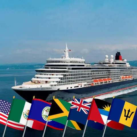 Crucero por el Caribe desde Miami a bordo del Queen Elizabeth con visitas a EE. UU., México, Belice, Jamaica, Puerto Rico y Barbados durante 22 días