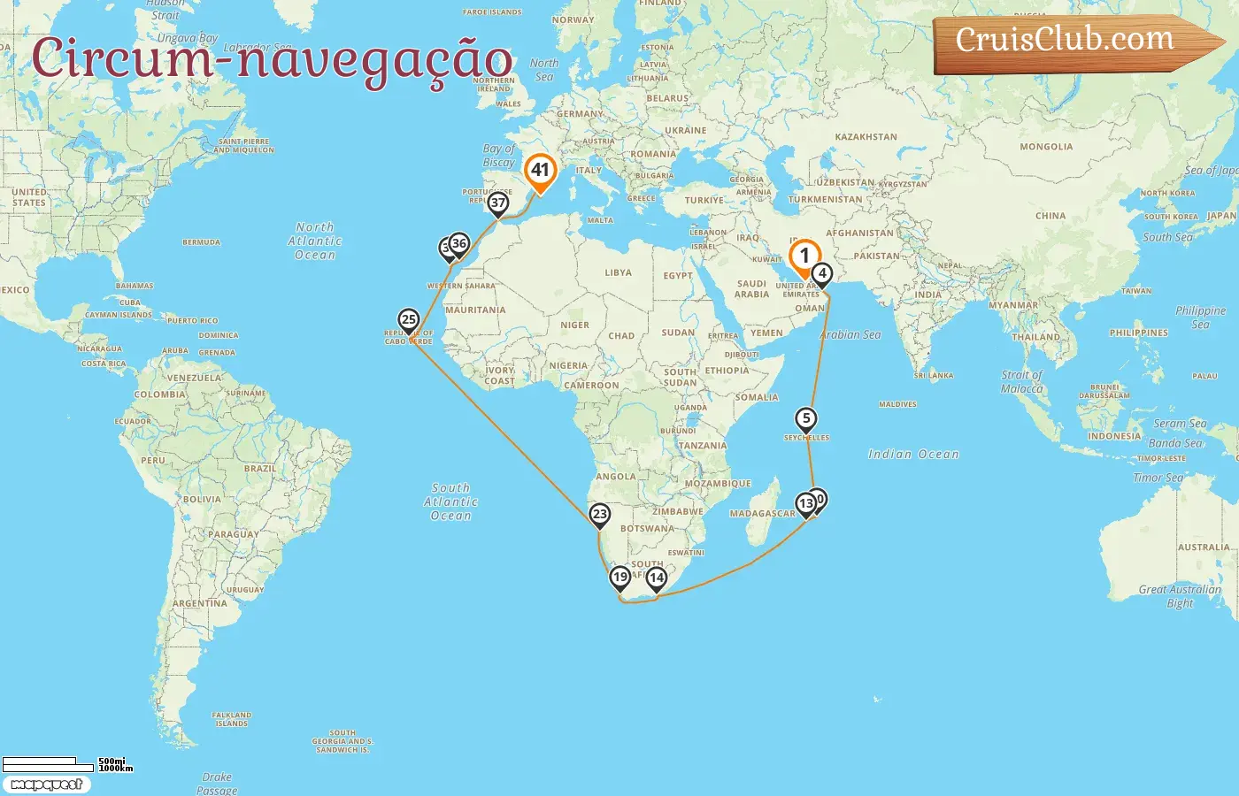 Cruzeiro na volta ao mundo de Dubai para Palma a bordo do navio Mein Schiff 4 com visitas aos Emirados Árabes Unidos, Omã, Seychelles, Maurícia, Reunião, África do Sul, Namíbia, Espanha e Marrocos por 41 dias
