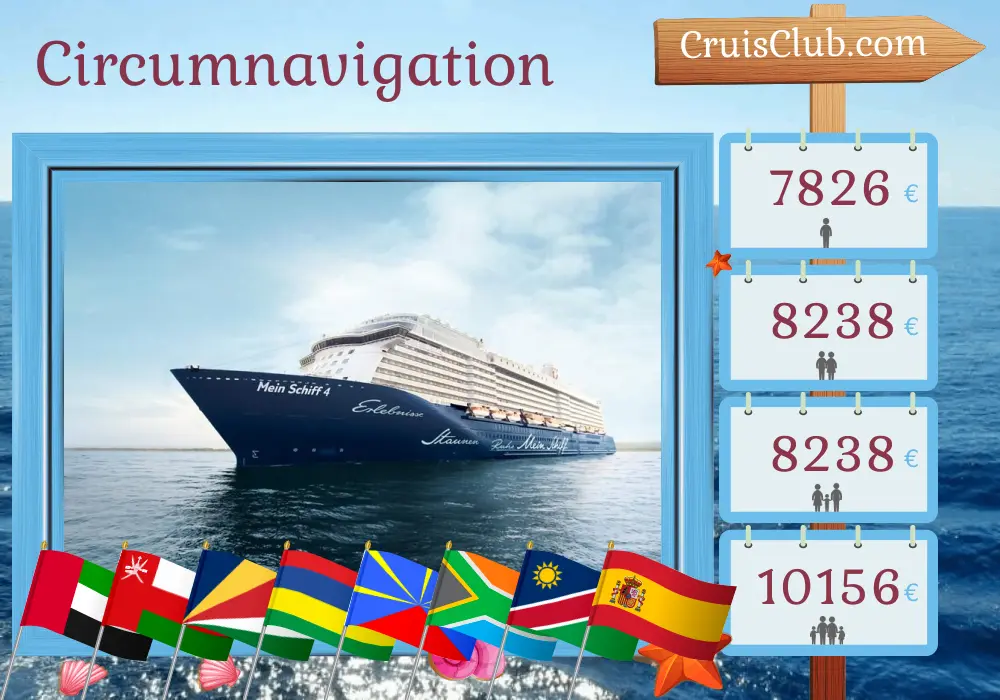 Croisière dans le monde de Dubaï à Palma à bord du navire Mein Schiff 4 avec des visites aux Émirats arabes unis, Oman, Seychelles, Maurice, Réunion, Afrique du Sud, Namibie, Espagne et Maroc pendant 41 jours