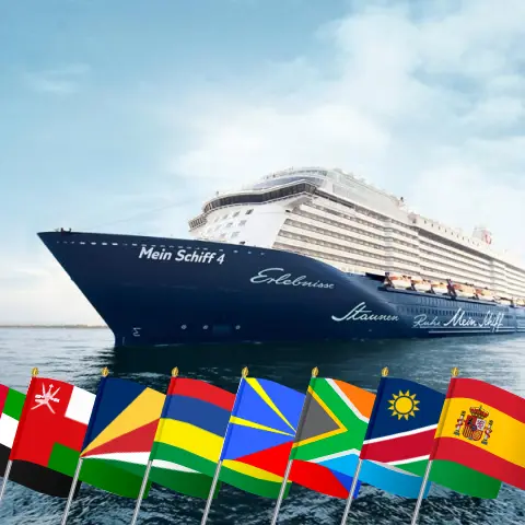 Круиз по миру из Дубая в Пальму на борту судна Mein Schiff 4 с посещениями ОАЭ, Омана, Сейшельских островов, Маврикия, Реюниона, Южно-Африканской Республики, Намибии, Испании и Марокко в течение 41 дня
