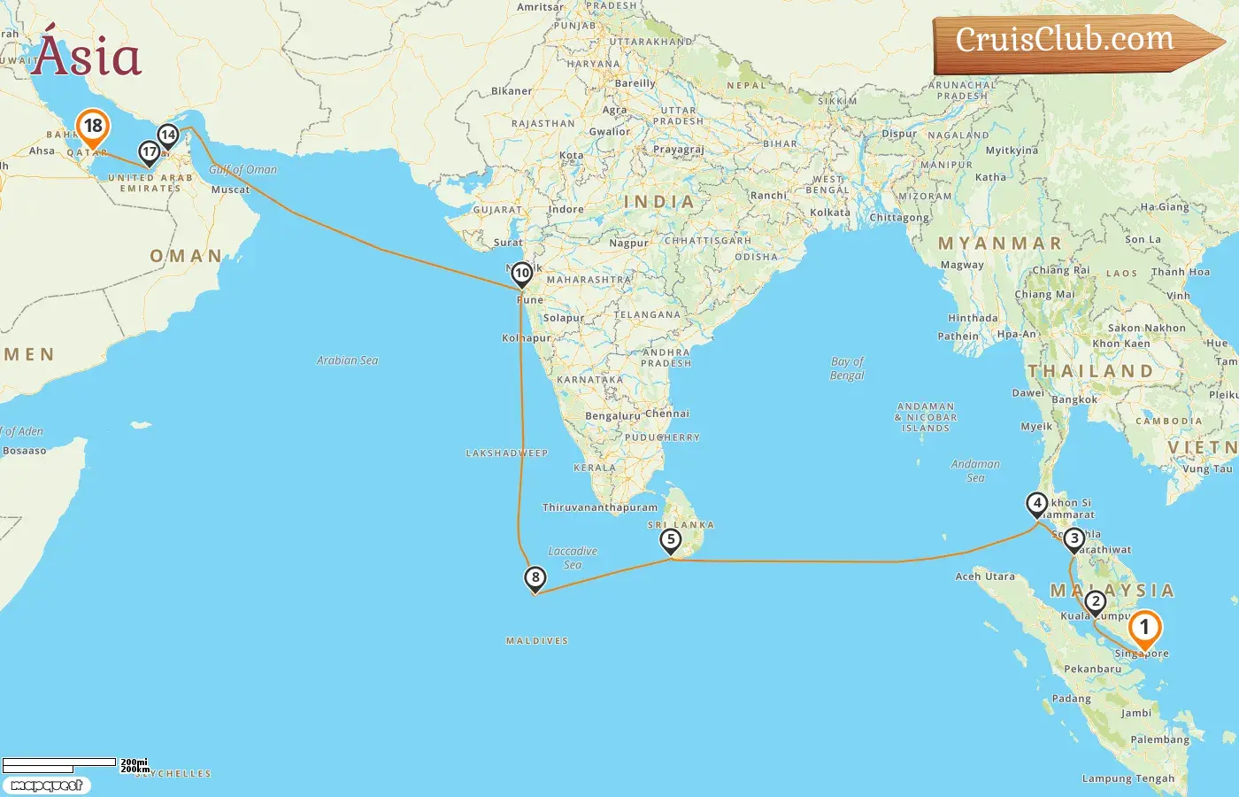 Cruzeiro na Ásia de Singapura a Doha a bordo do navio Oceania Vista com visitas a Singapura, Malásia, Tailândia, Sri Lanka, Maldivas, Índia, Emirados Árabes Unidos e Catar por 18 dias