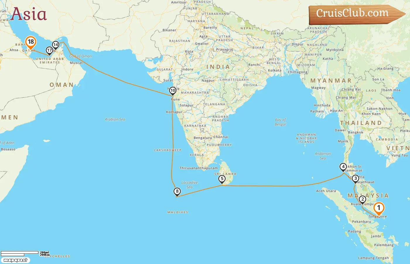 Cruise in the Asia from Singapore to Doha aboard Oceania Vista ship with visits to Singapore, Malaysia, Thailand, Sri Lanka, Maldives, India, United Arab Emirates, and Qatar for 18 days