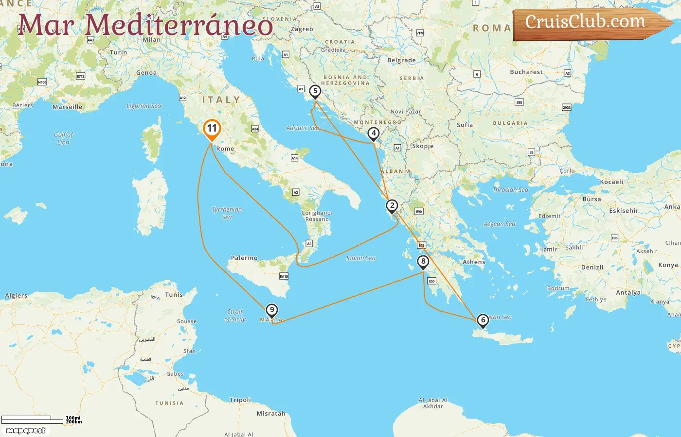 Crucero por el Mediterráneo desde Civitavecchia a bordo del barco Enchanted Princess con visitas a Italia, Grecia, Montenegro, Croacia y Malta durante 11 días