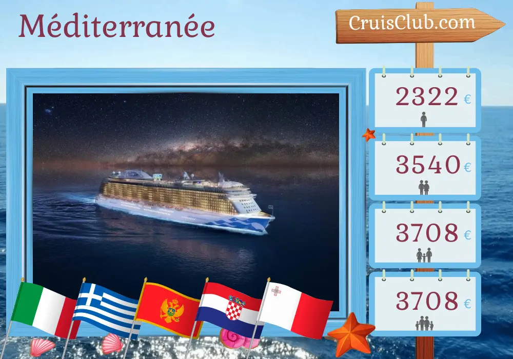 Croisière en Méditerranée au départ de Civitavecchia à bord du navire Enchanted Princess avec des visites en Italie, en Grèce, au Monténégro, en Croatie et à Malte pendant 11 jours