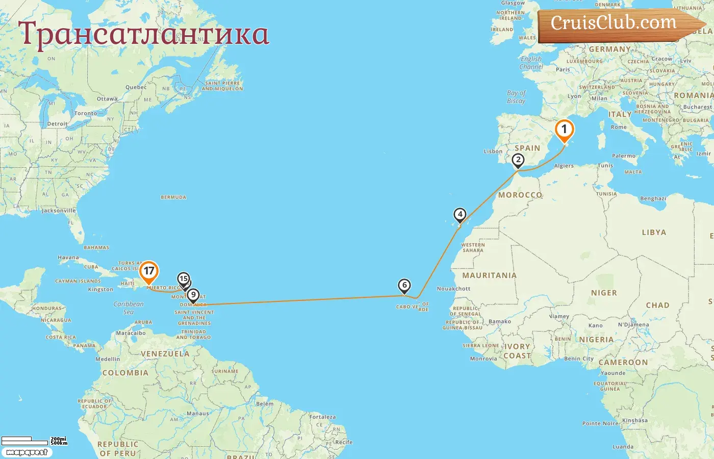 Круиз по Трансатлантике из Пальмы в Ла-Роману на корабле Mein Schiff 5 с посещениями Испании и Гибралтара в течение 17 дней