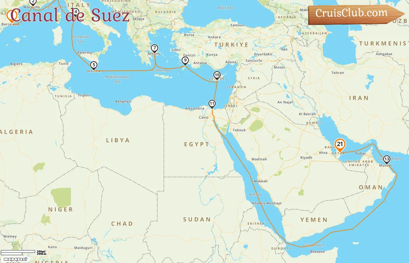 Crucero en el Canal de Suez de Barcelona a Doha a bordo del barco MSC World Europa con visitas a España, Francia, Italia, Malta, Grecia, Chipre, Egipto, Omán y Catar durante 21 días