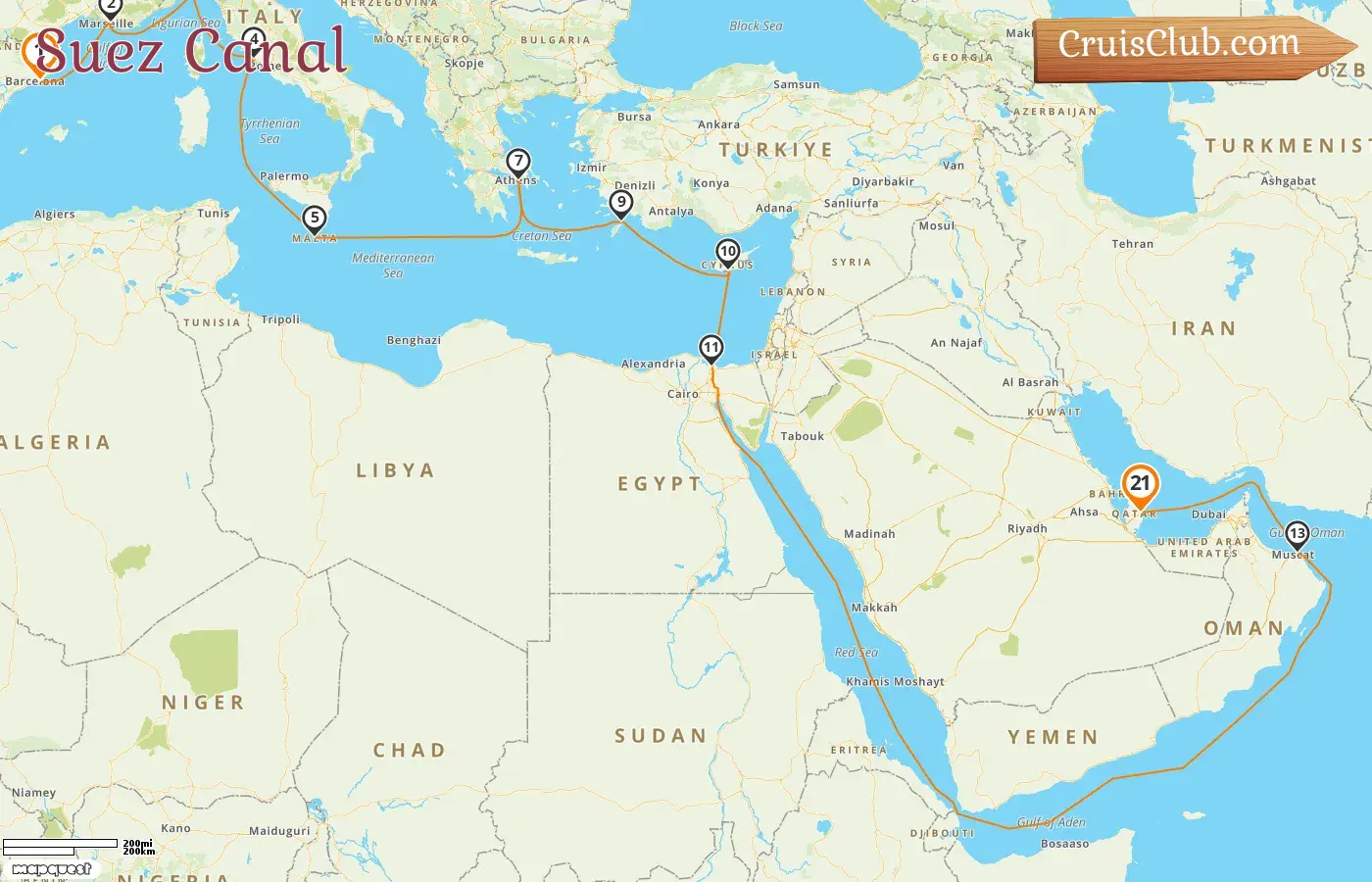 Cruise in the Suez Canal from Barcelona to Doha aboard MSC World Europa ship with visits to Spain, France, Italy, Malta, Greece, Cyprus, Egypt, Oman, and Qatar for 21 days