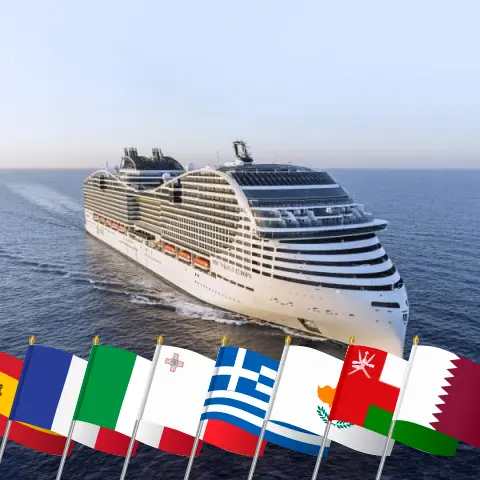 Kreuzfahrt im Suezkanal von Barcelona nach Doha an Bord des MSC World Europa-Schiffs mit Stopps in Spanien, Frankreich, Italien, Malta, Griechenland, Zypern, Ägypten, Oman und Katar für 21 Tage
