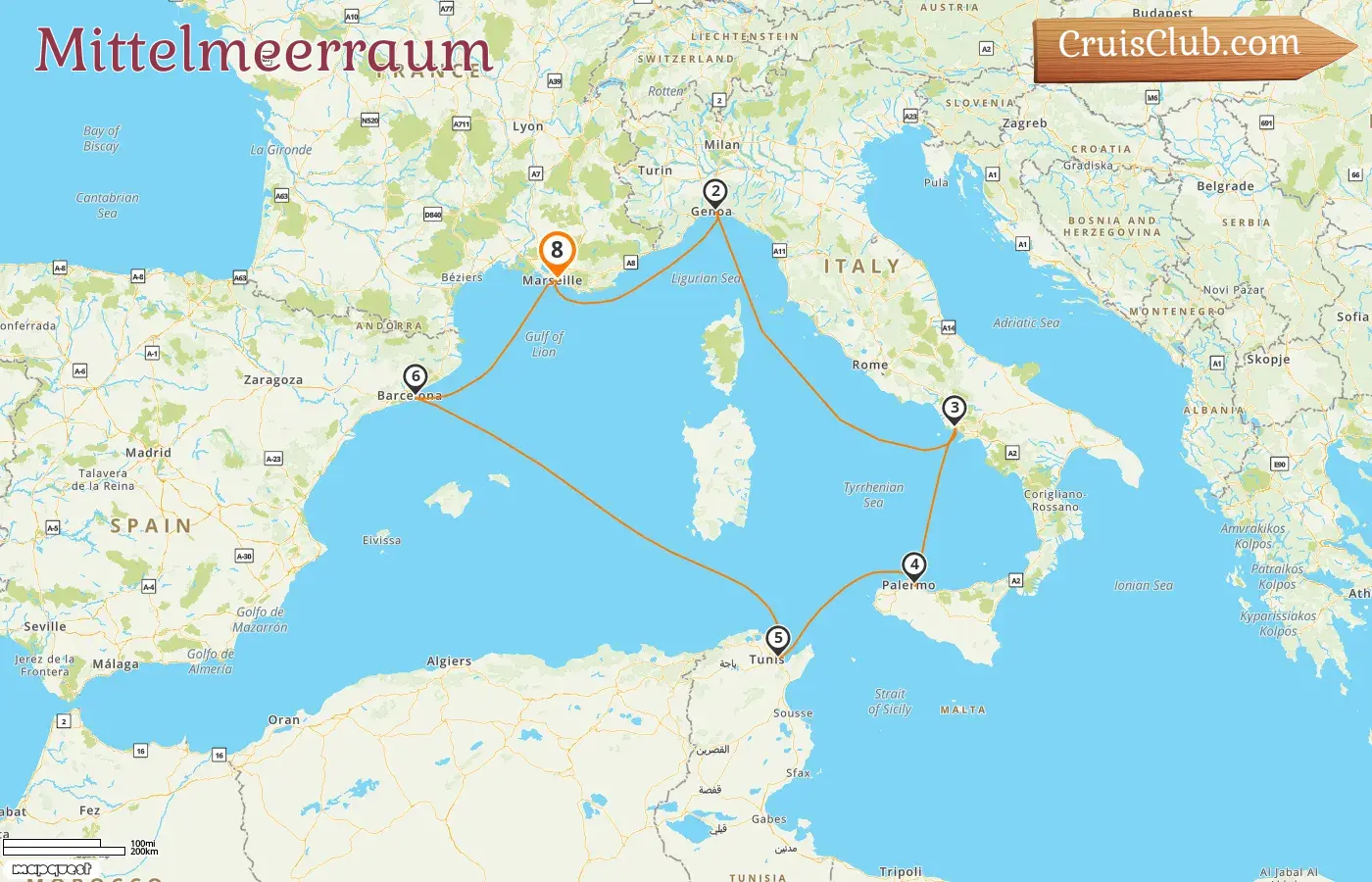 Kreuzfahrt im Mittelmeer ab Marseille an Bord des MSC-Schiffs Euribia mit Besuchen in Frankreich, Italien, Tunesien und Spanien für 8 Tage