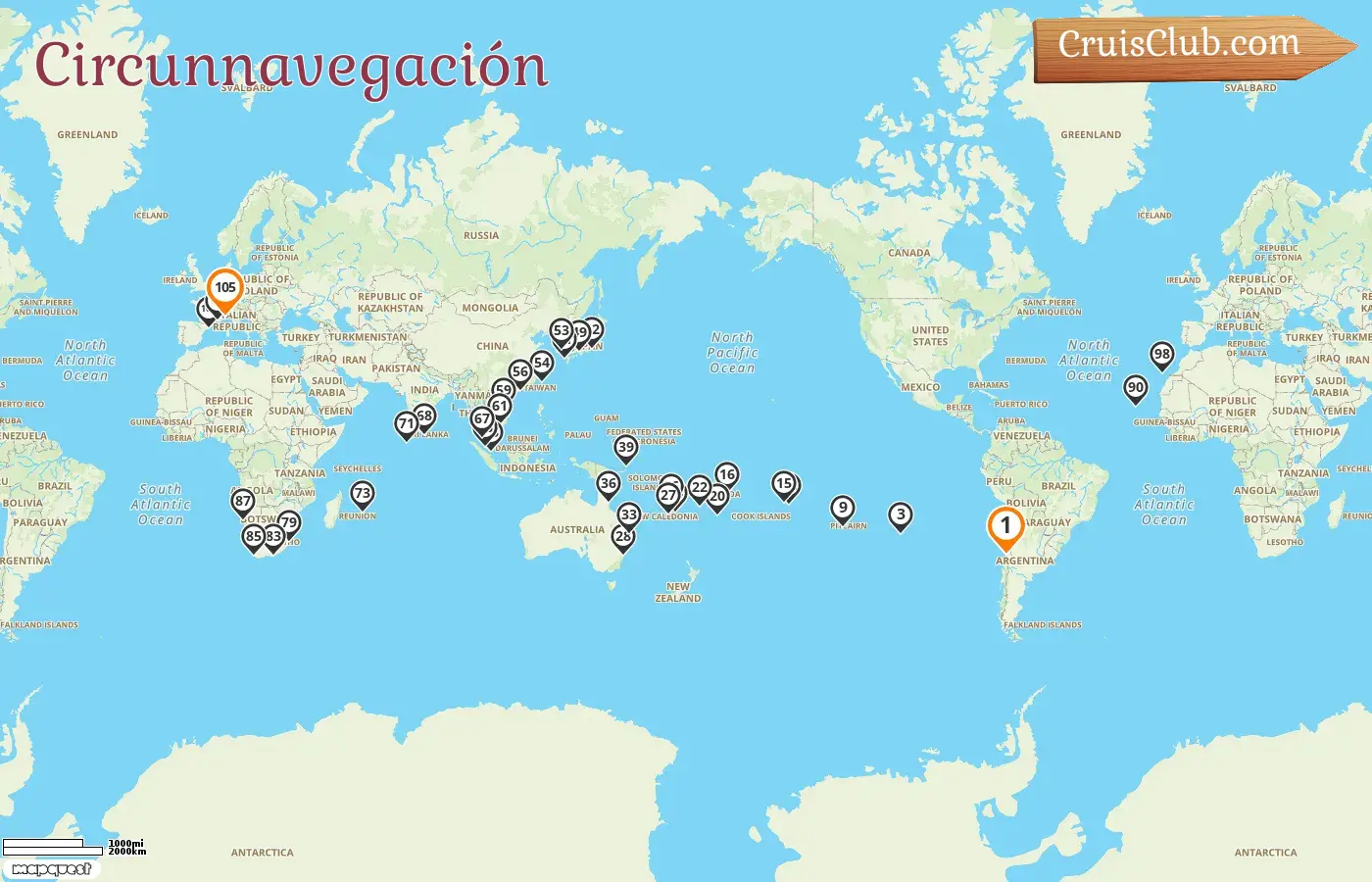 Crucero "Viaje por el mundo" desde San Antonio a Savona a bordo del barco Costa Deliziosa con visitas a Chile, Pitcairn, Polinesia Francesa, Samoa, Tonga, Fiji, Vanuatu, Nueva Caledonia, Australia, Papúa Nueva Guinea, Japón, Corea del Sur, Taiwán, Hong Kong, Vietnam, Singapur, Malasia, Sri Lanka, Maldivas, Mauricio, Sudáfrica, Namibia, España, Francia e Italia durante 105 días