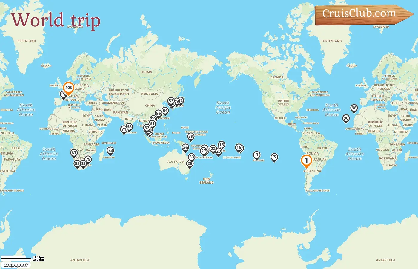 Cruise in the World trip from San Antonio to Savona aboard Costa Deliziosa ship with visits to Chile, Pitcairn, French Polynesia, Samoa, Tonga, Fiji, Vanuatu, New Caledonia, Australia, Papua New Guinea, Japan, South Korea, Taiwan, Hong Kong, Viet Nam, Singapore, Malaysia, Sri Lanka, Maldives, Mauritius, South Africa, Namibia, Spain, France, and Italy for 105 days