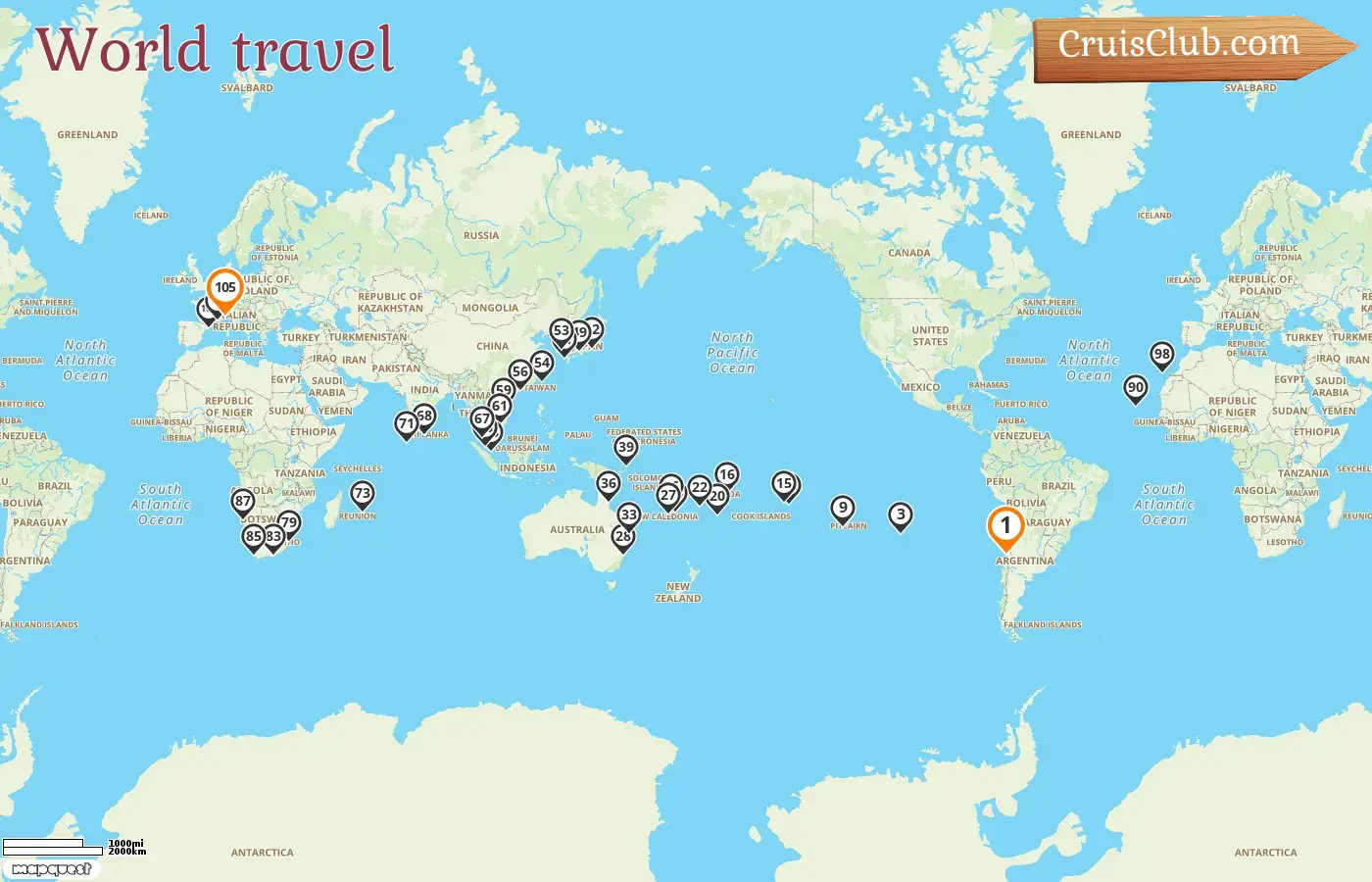 Weltreise Kreuzfahrt von San Antonio nach Savona an Bord des Costa Deliziosa Schiffes mit Stopps in Chile, Pitcairn, Französisch-Polynesien, Samoa, Tonga, Fidschi, Vanuatu, Neukaledonien, Australien, Papua-Neuguinea, Japan, Südkorea, Taiwan, Hongkong, Vietnam, Singapur, Malaysia, Sri Lanka, Malediven, Mauritius, Südafrika, Namibia, Spanien, Frankreich und Italien für 105 Tage
