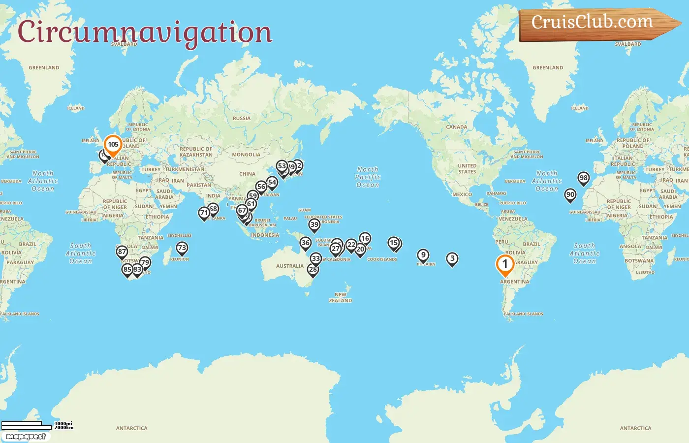 Croisière dans le monde de San Antonio à Savone à bord du navire Costa Deliziosa avec des escales au Chili, à Pitcairn, en Polynésie française, aux Samoa, aux Tonga, aux Fidji, au Vanuatu, en Nouvelle-Calédonie, en Australie, en Papouasie-Nouvelle-Guinée, au Japon, en Corée du Sud, à Taïwan, à Hong Kong, au Vietnam, à Singapour, en Malaisie, au Sri Lanka, aux Maldives, à Maurice, en Afrique du Sud, en Namibie, en Espagne, en France et en Italie pendant 105 jours