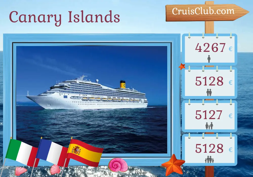 Cruise in the Canary Islands from Savona to Santa Cruz de Tenerife aboard Costa Fortuna ship with visits to Italy, France, Spain, and Morocco for 17 days