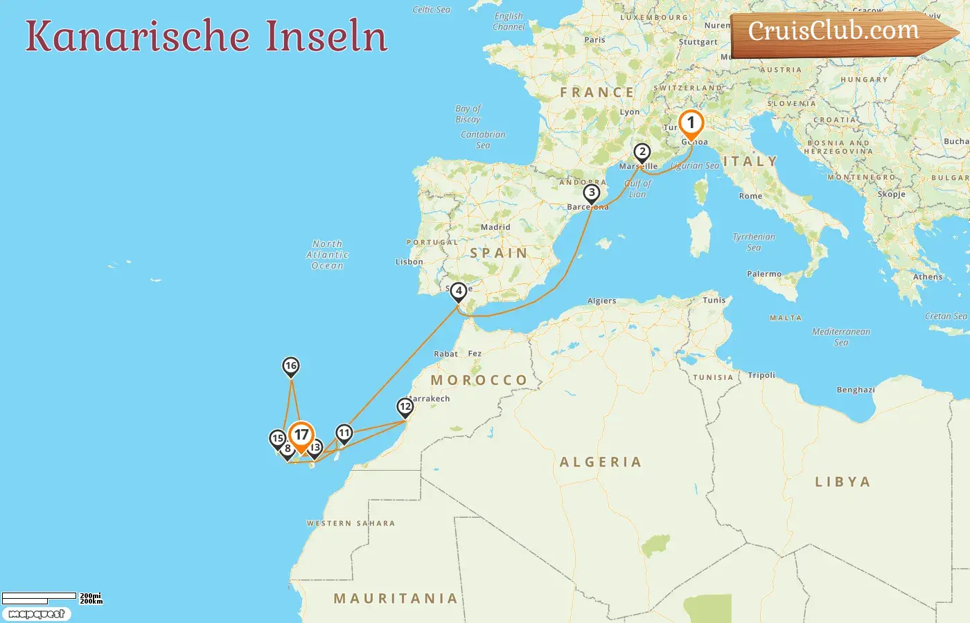 Kreuzfahrt in den Kanarischen Inseln von Savona nach Santa Cruz de Tenerife an Bord des Costa Fortuna Schiffes mit Stopps in Italien, Frankreich, Spanien und Marokko für 17 Tage