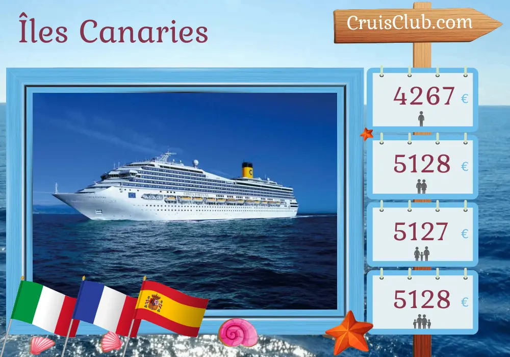Croisière dans les îles Canaries de Savone à Santa Cruz de Tenerife à bord du navire Costa Fortuna avec des visites en Italie, en France, en Espagne et au Maroc pendant 17 jours