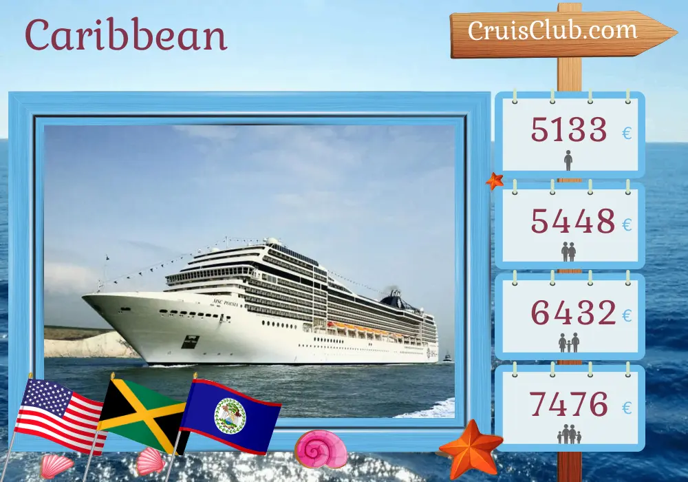 Cruise in the Caribbean from Miami aboard MSC Poesia ship with visits to USA, Puerto Rico, Dominican Republic, Jamaica, Colombia, Panama, Costa Rica, Honduras, and Belize for 22 days