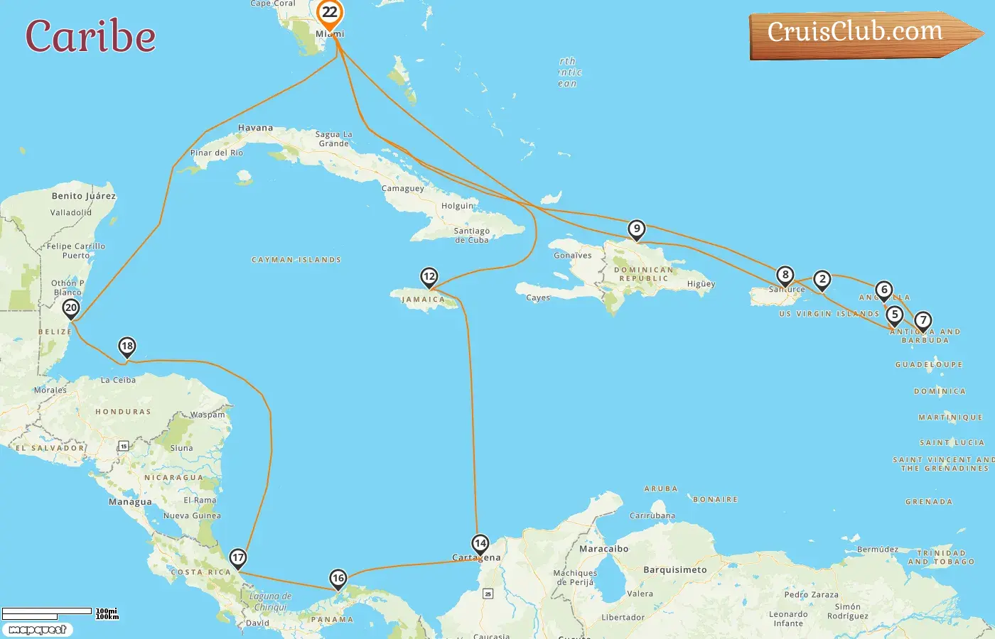 Crucero por el Caribe desde Miami a bordo del barco MSC Poesia con visitas a EE. UU., Puerto Rico, República Dominicana, Jamaica, Colombia, Panamá, Costa Rica, Honduras y Belice durante 22 días